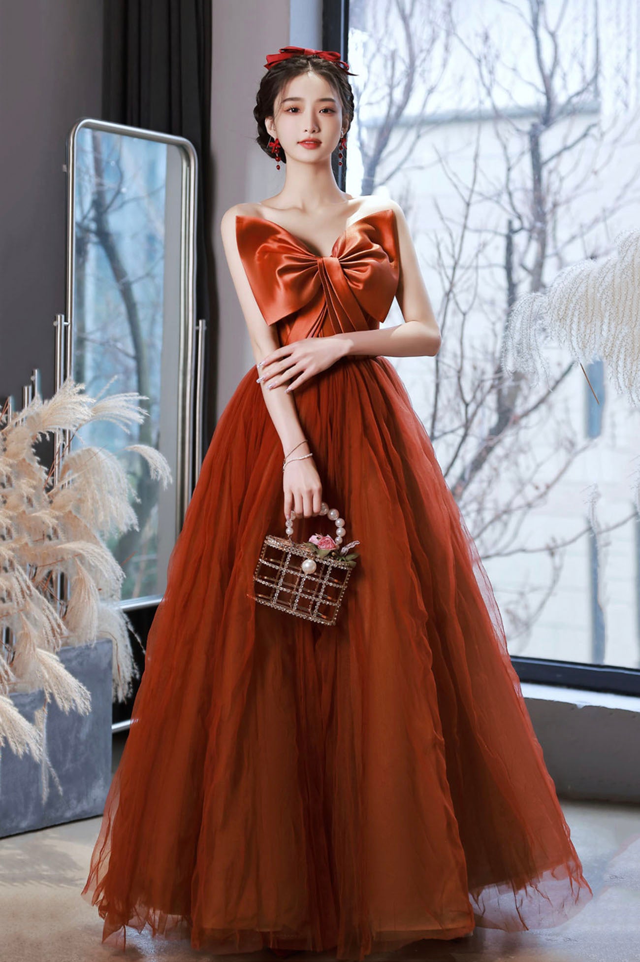Cute Tulle Long Prom Dress with Bow, Strapless A-Line Evening Party Dr