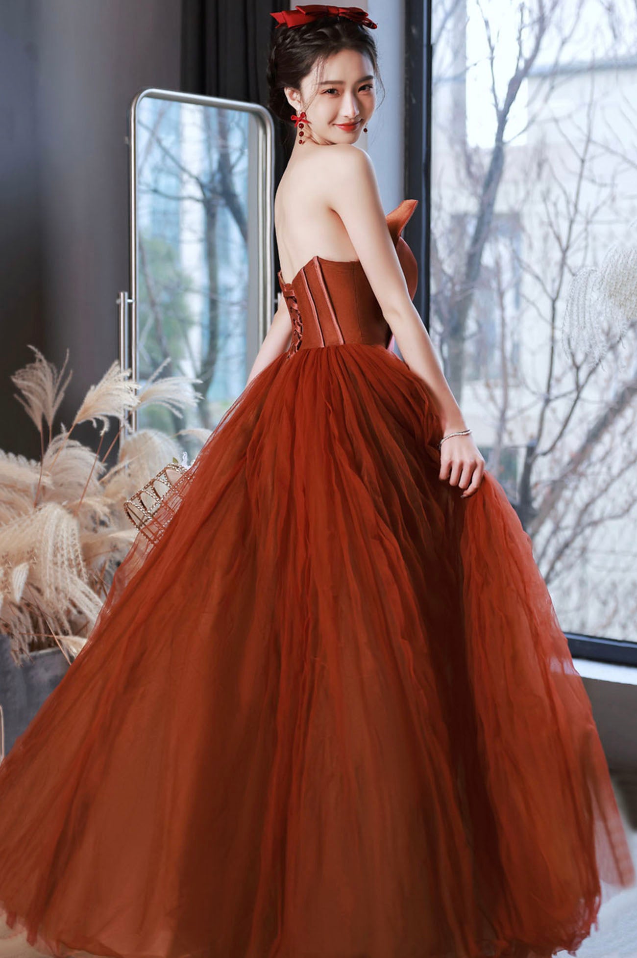 Cute Tulle Long Prom Dress with Bow, Strapless A-Line Evening Party Dress