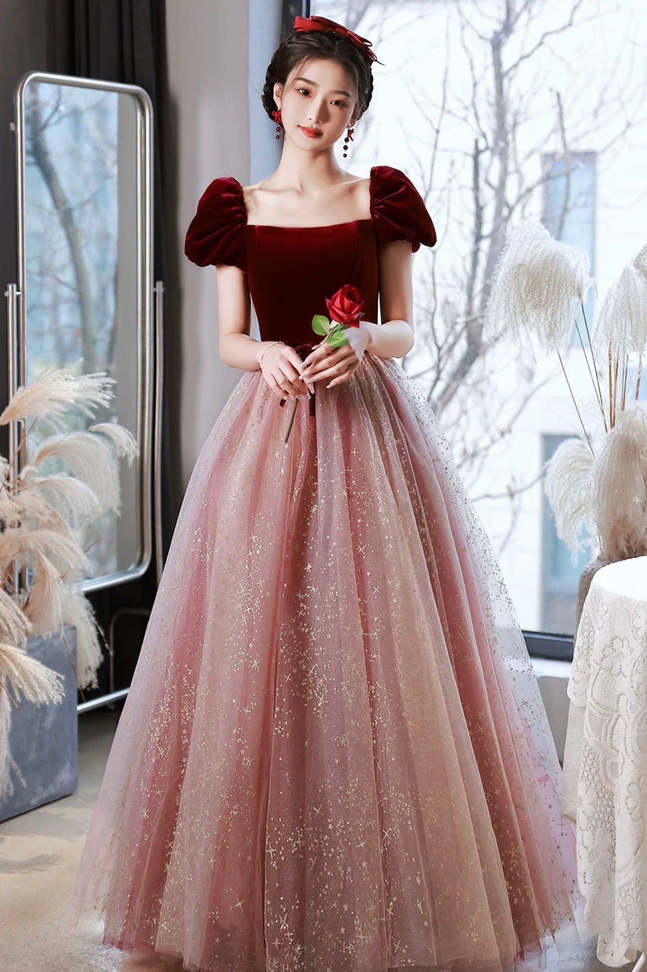 A-Line Short Tulle Floor Length Prom Dress, Lovely Pink Graduation Dress