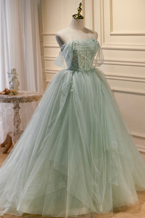 Green Sweetheart Beaded Tulle Long Prom Dress, Green Evening Dress