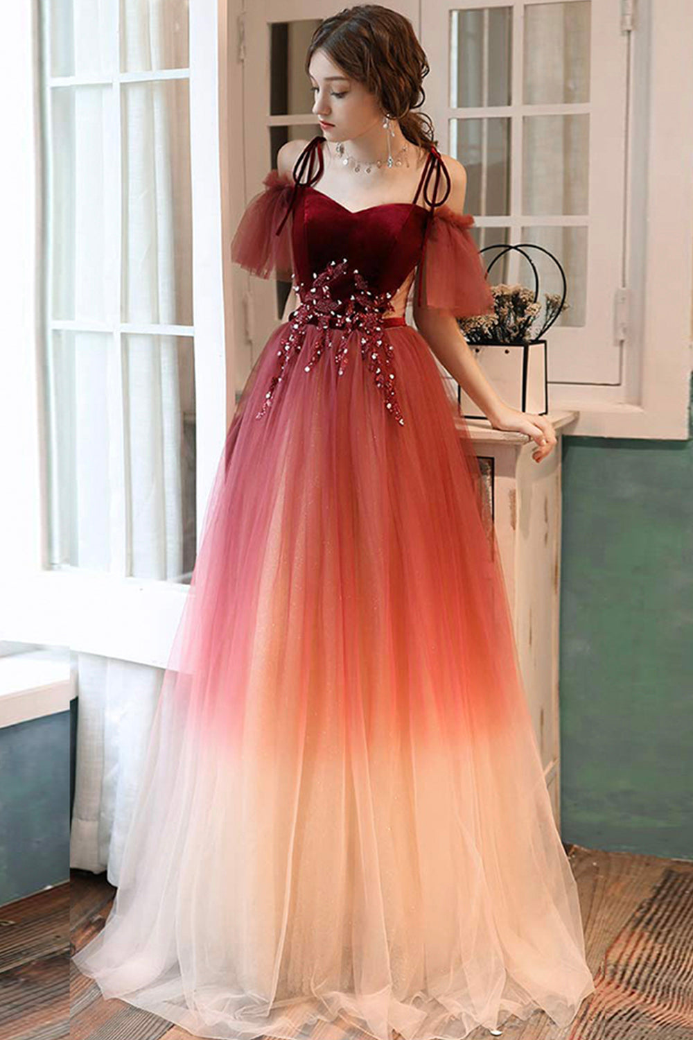 Burgundy Gradient Tulle Long Prom Dress, Lovely Spaghetti Strap Evening Dress