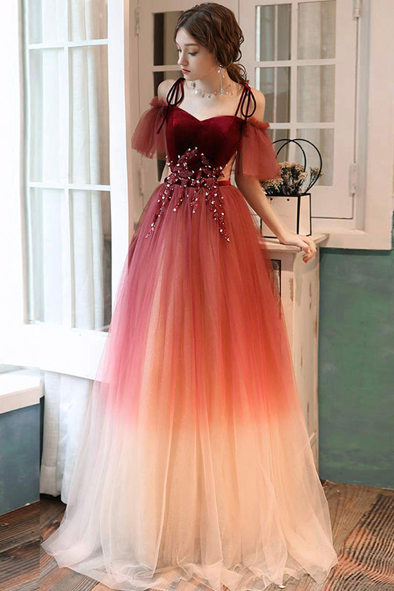Burgundy Gradient Tulle Long Prom Dress, Lovely Spaghetti Strap Evenin