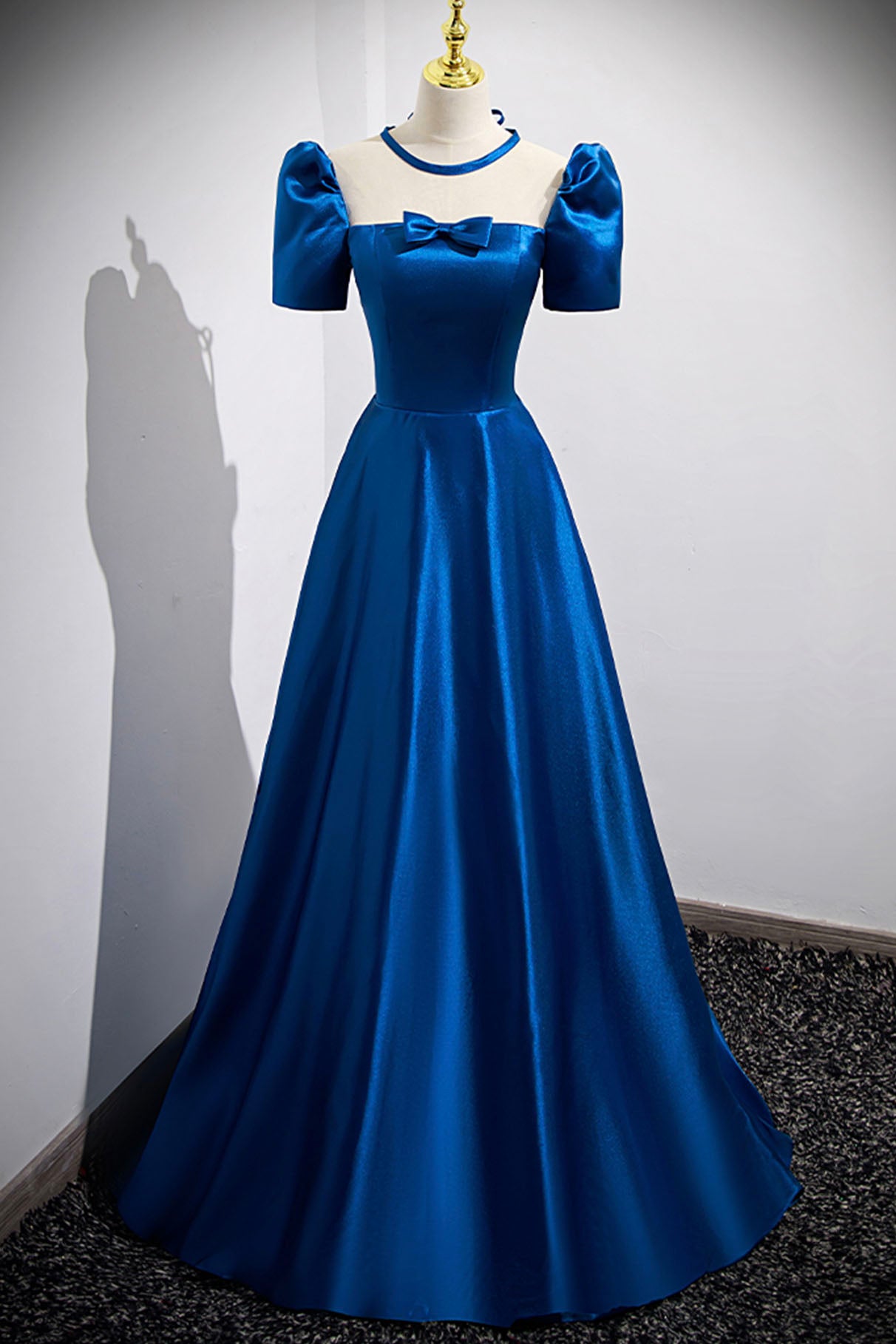 Blue Satin Long A-Line Prom Dress, Simple Blue Short Sleeve Evening Dr