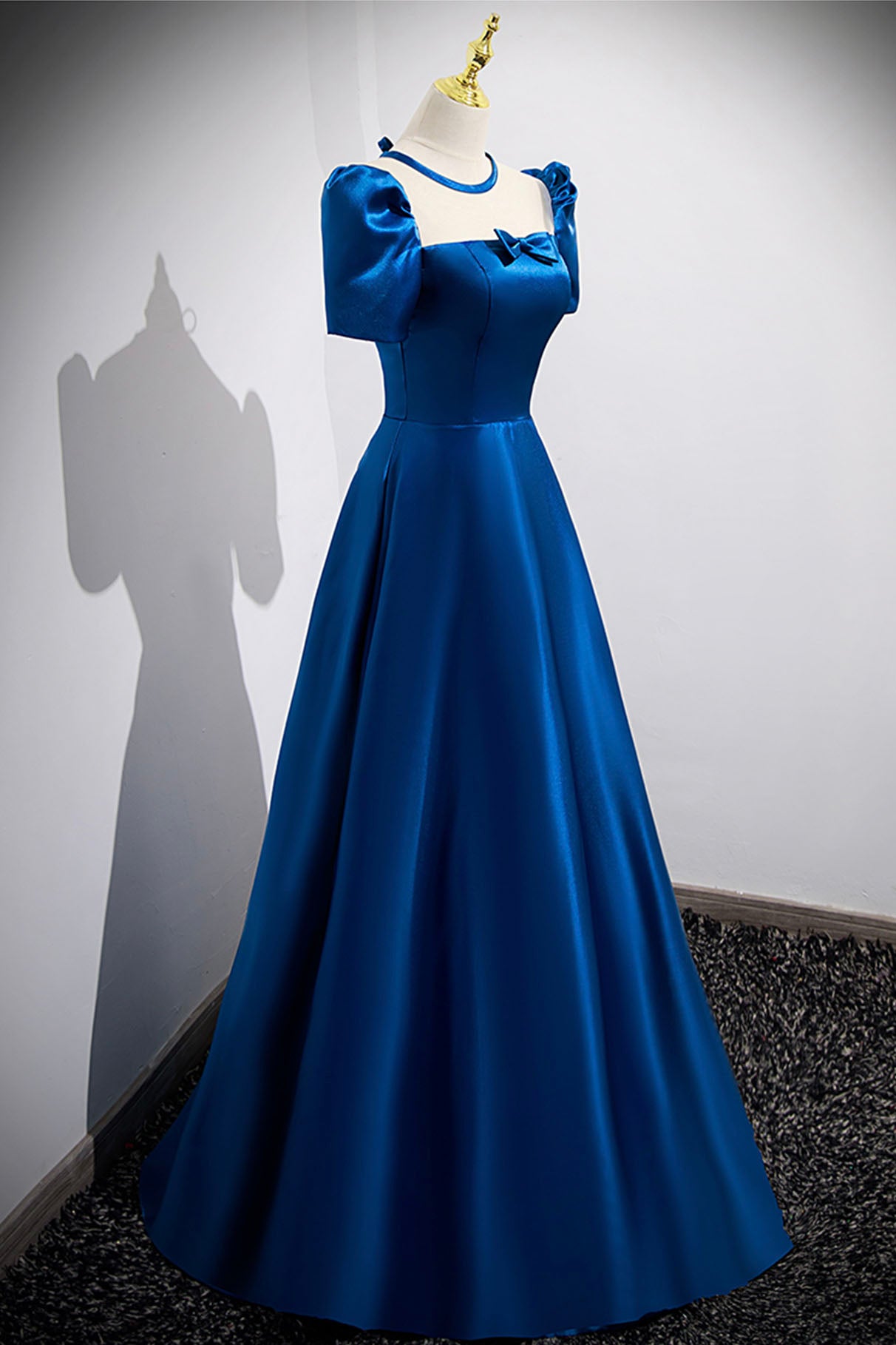 Blue Satin Long A-Line Prom Dress, Simple Blue Short Sleeve Evening Dr Blue Satin Long A-Line Prom Dress, Simple Blue Short Sleeve Evening Dr