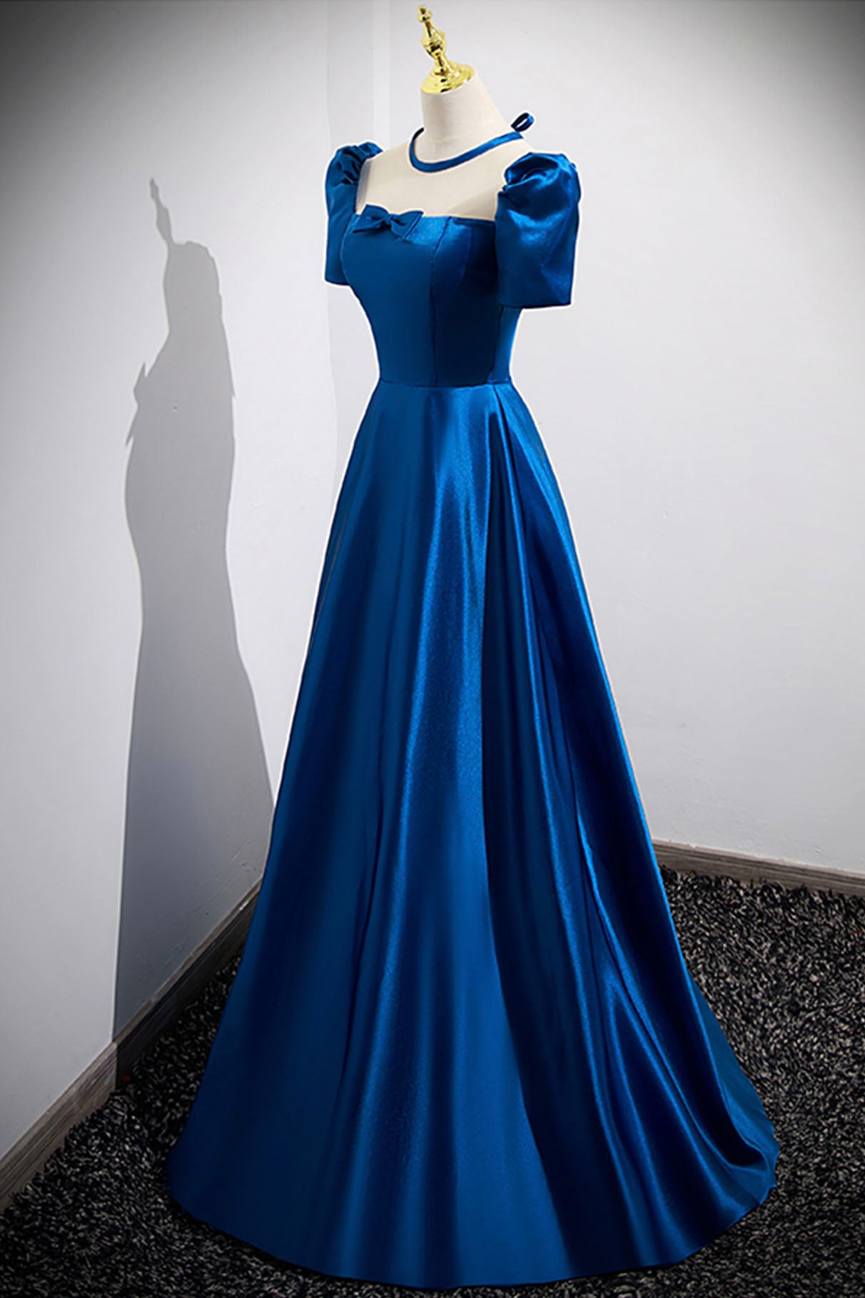 Blue Satin Long A-Line Prom Dress, Simple Blue Short Sleeve Evening Dr Blue Satin Long A-Line Prom Dress, Simple Blue Short Sleeve Evening Dr