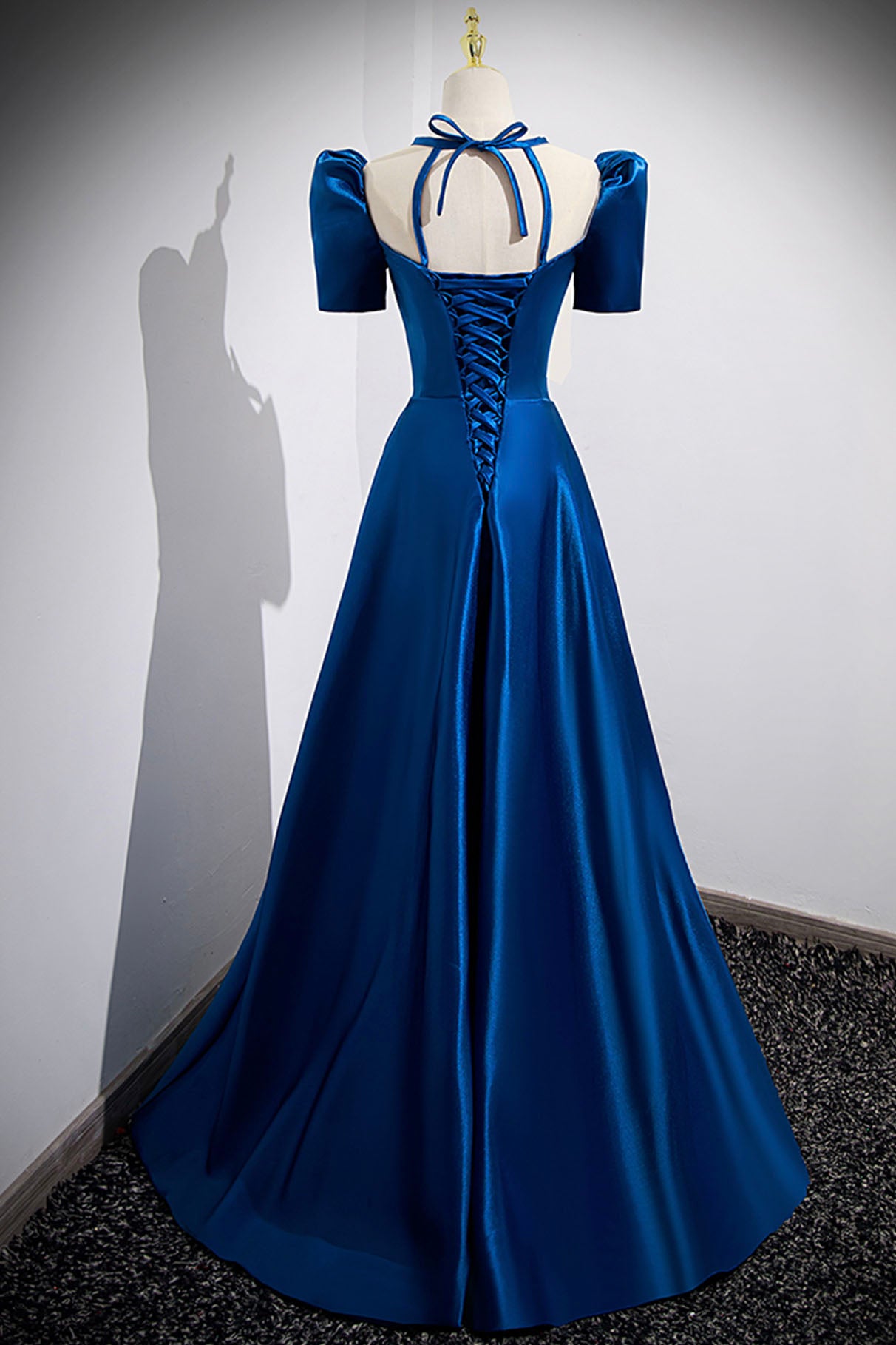 Blue Satin Long A-Line Prom Dress, Simple Blue Short Sleeve Evening Dr Blue Satin Long A-Line Prom Dress, Simple Blue Short Sleeve Evening Dr
