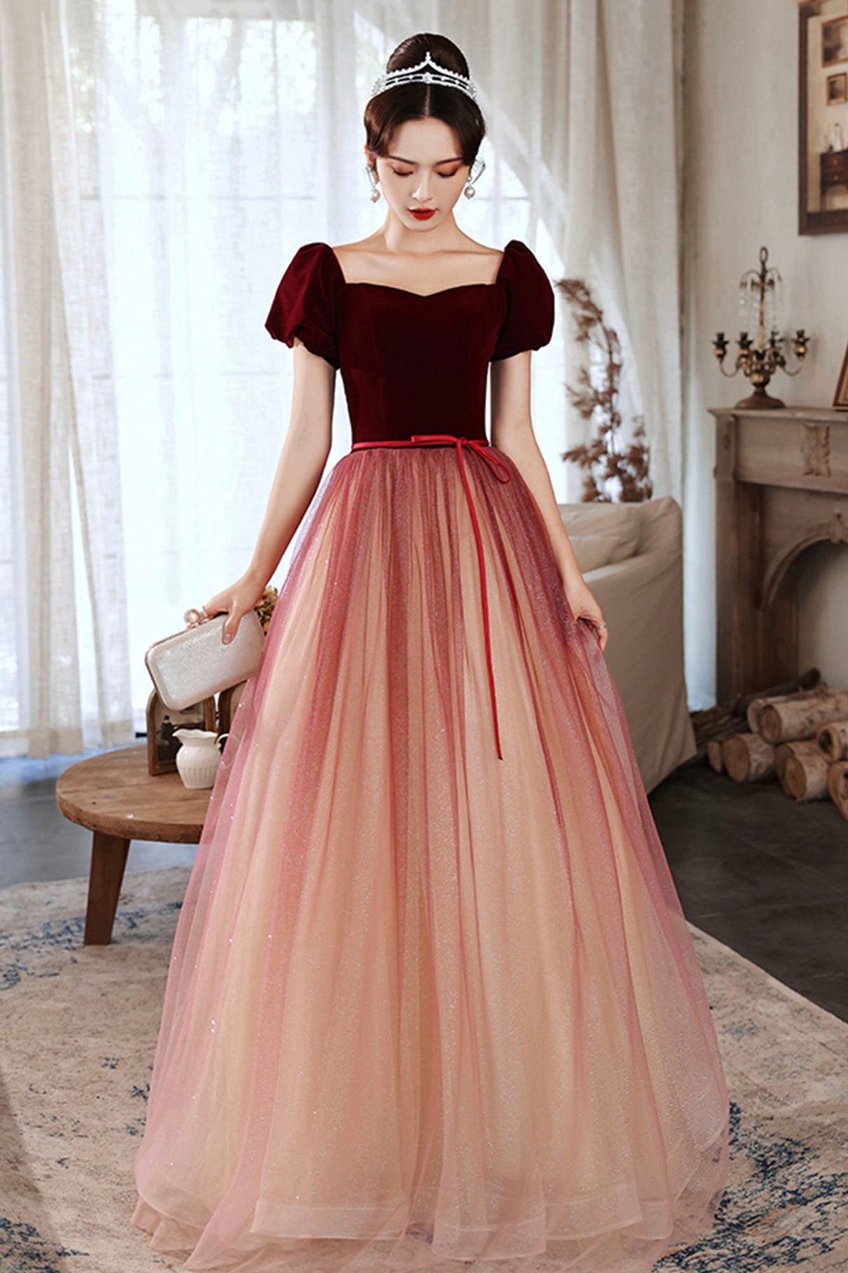Burgundy Velvet Tulle Short Sleeves Long Formal Dress, Evening Prom Event