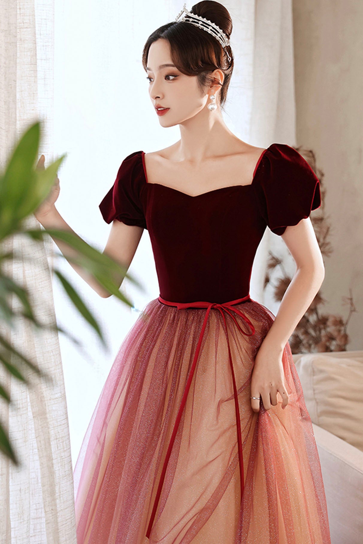 short sleeve red velvet dress Short Sleeves Velvet Mother of the Bride Dress With Slit, Burnt_Orange