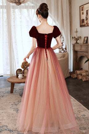 Burgundy Velvet Tulle Short Sleeves Long Formal Dress, Evening Prom Event