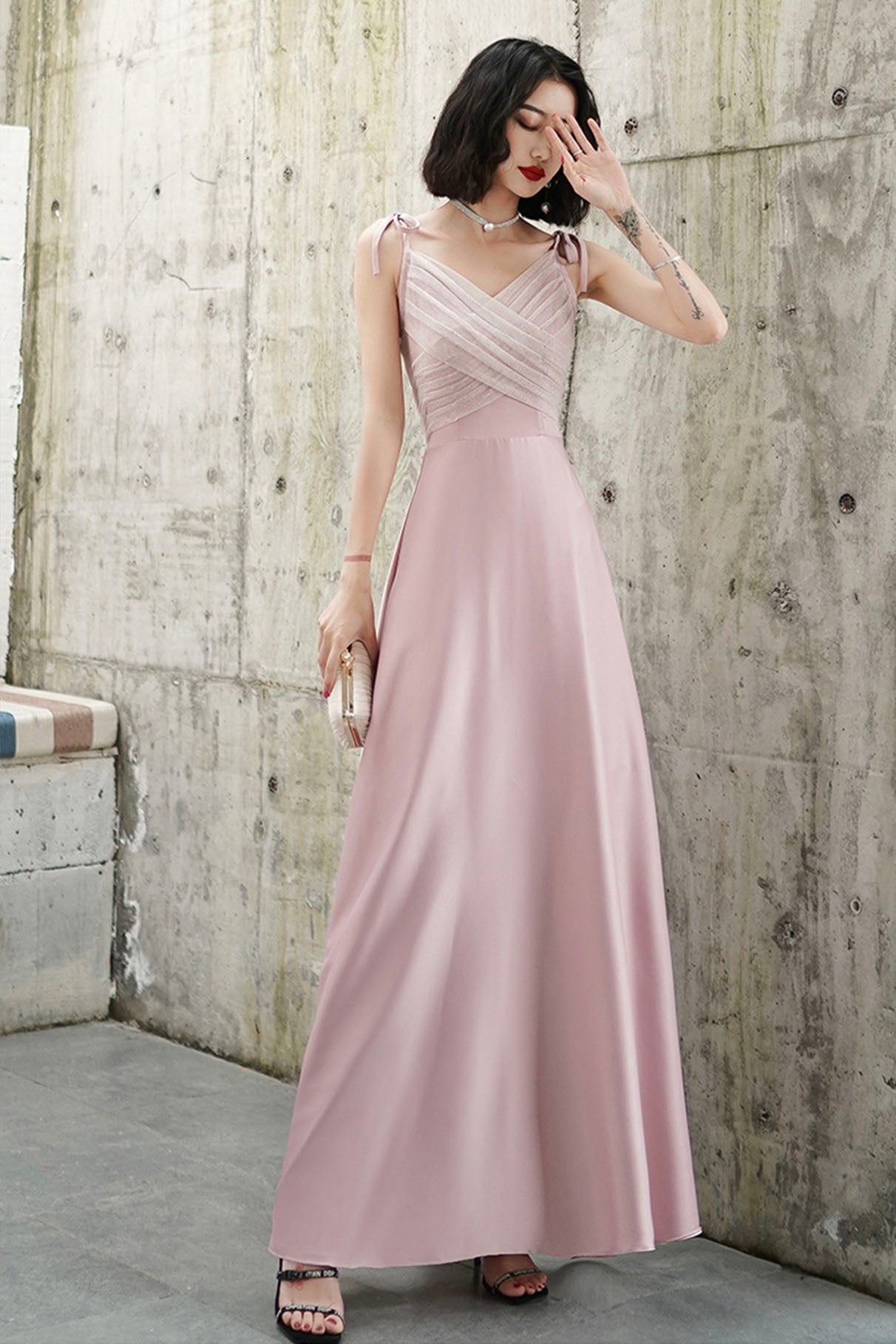 Pink V-neck Long Prom Dress, Simple Spaghetti Straps Evening Dress