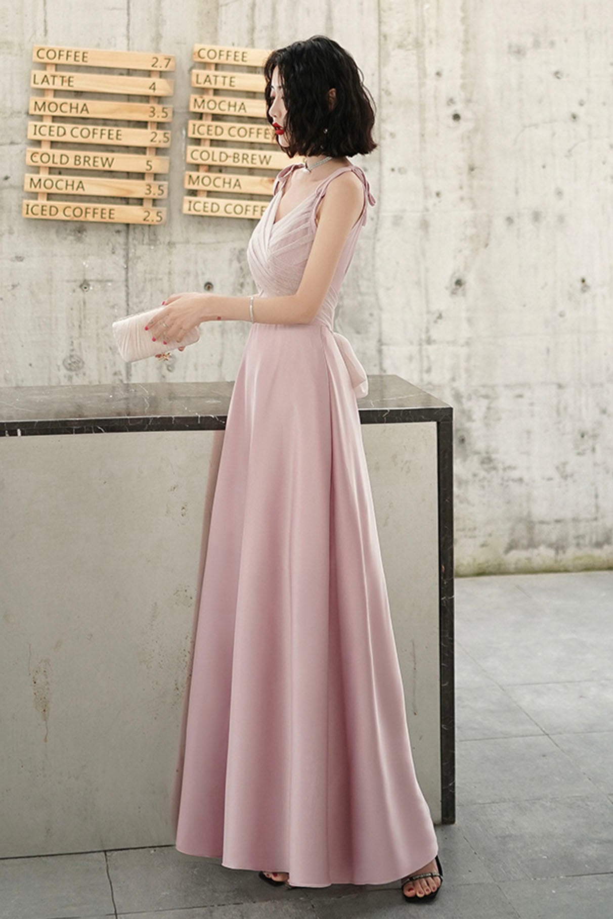 Pink V-neck Long Prom Dress, Simple Spaghetti Straps Evening Dress Pink V-neck Long Prom Dress, Simple Spaghetti Straps Evening Dress