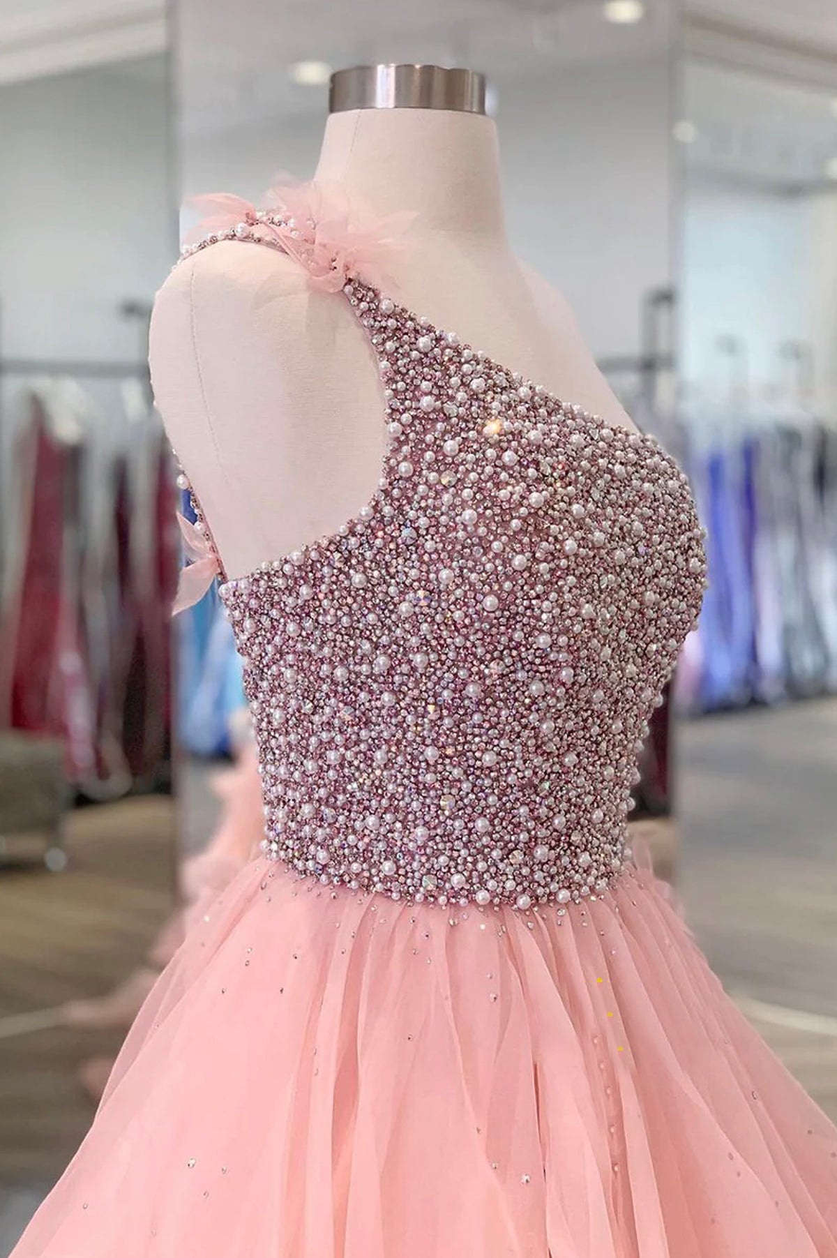 Pink One Shoulder Beaded Prom Dress, Pink Tulle Layers Evening Gown