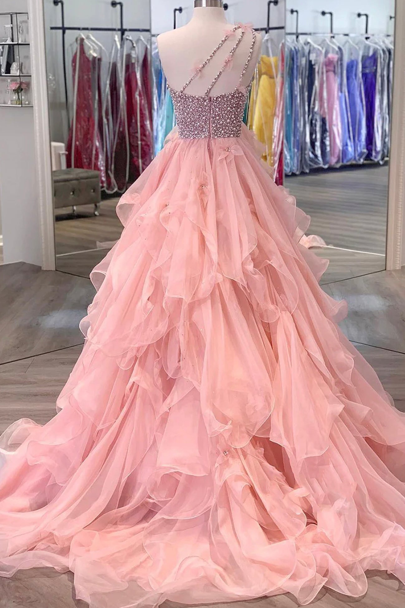 Pink One Shoulder Beaded Prom Dress, Pink Tulle Layers Evening Gown Pink One Shoulder Beaded Prom Dress, Pink Tulle Layers Evening Gown