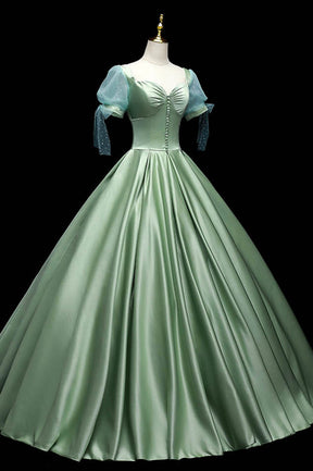 Green Satin Long A-Line Ball Gown, Short Sleeve Green Formal Evening Dress