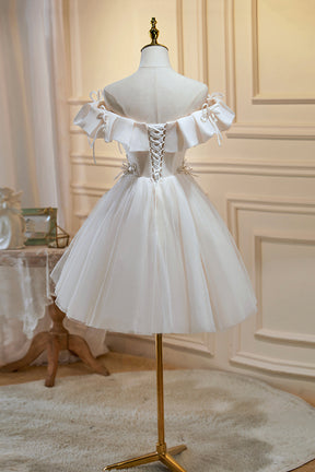 Cute Tulle Sequins Short Prom Dress, Light Champagne Off Shoulder Party Dress