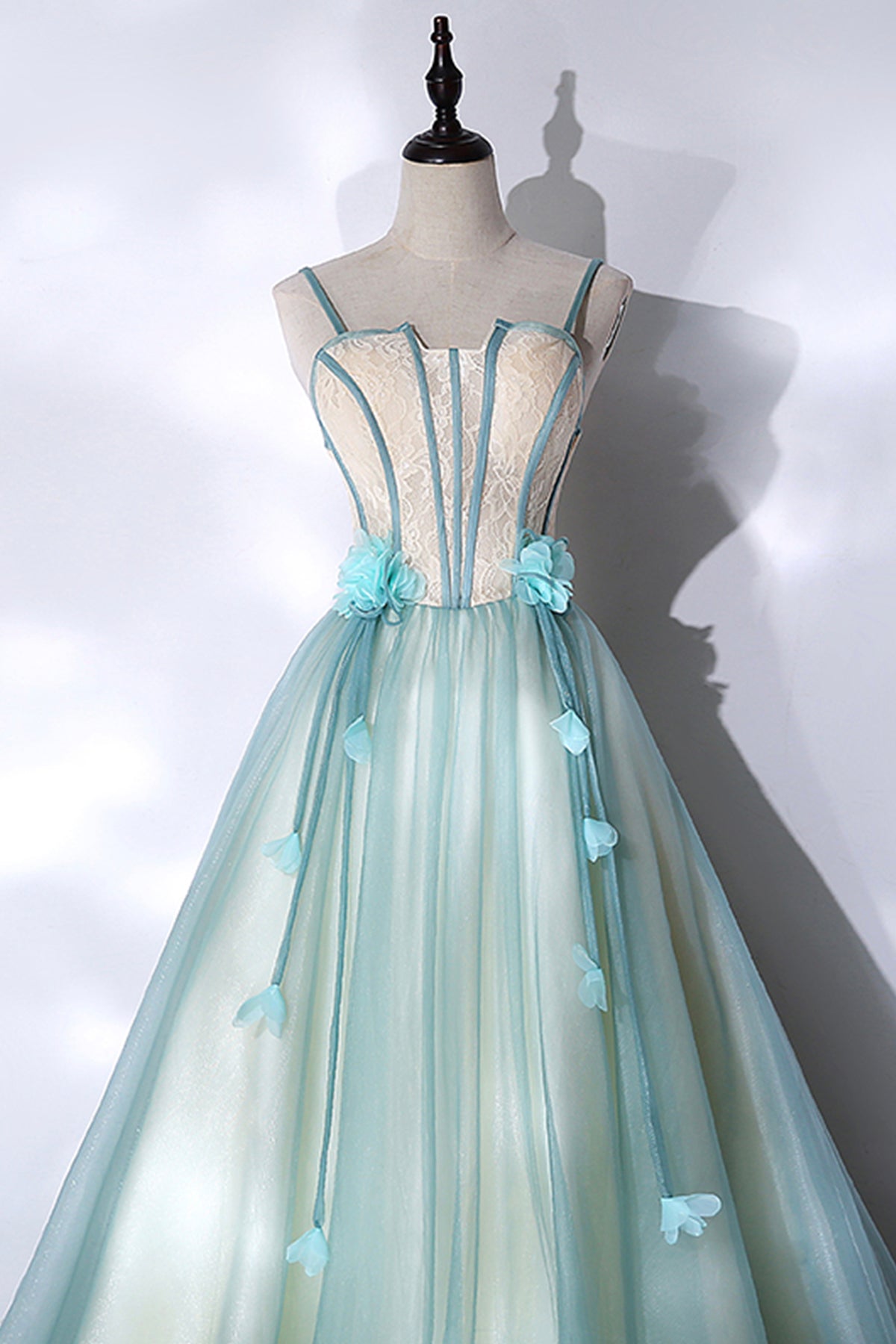 Green Tulle Long A-Line Prom Dress, Green Spaghetti Straps Graduation Green Tulle Long A-Line Prom Dress, Green Spaghetti Straps Graduation