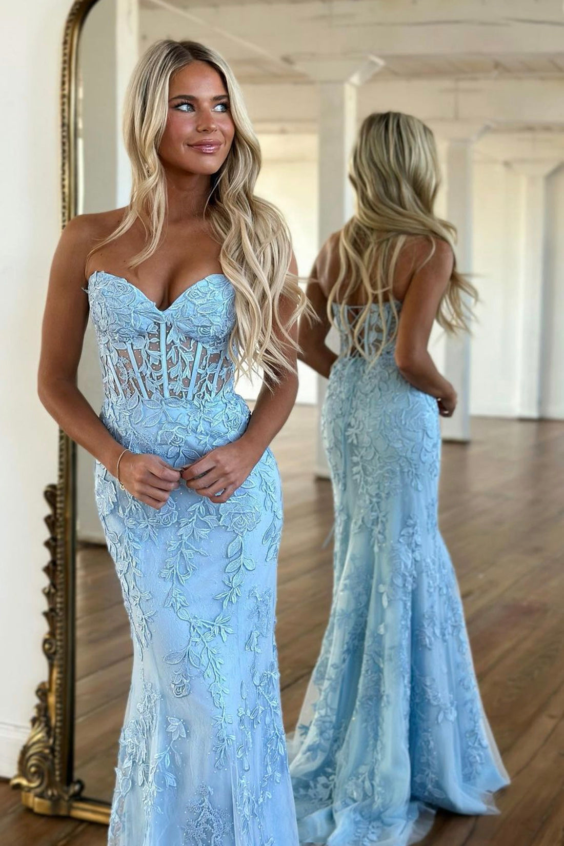 Blue Strapless Lace Long Prom Dress, Mermaid Evening Dress Party Dress