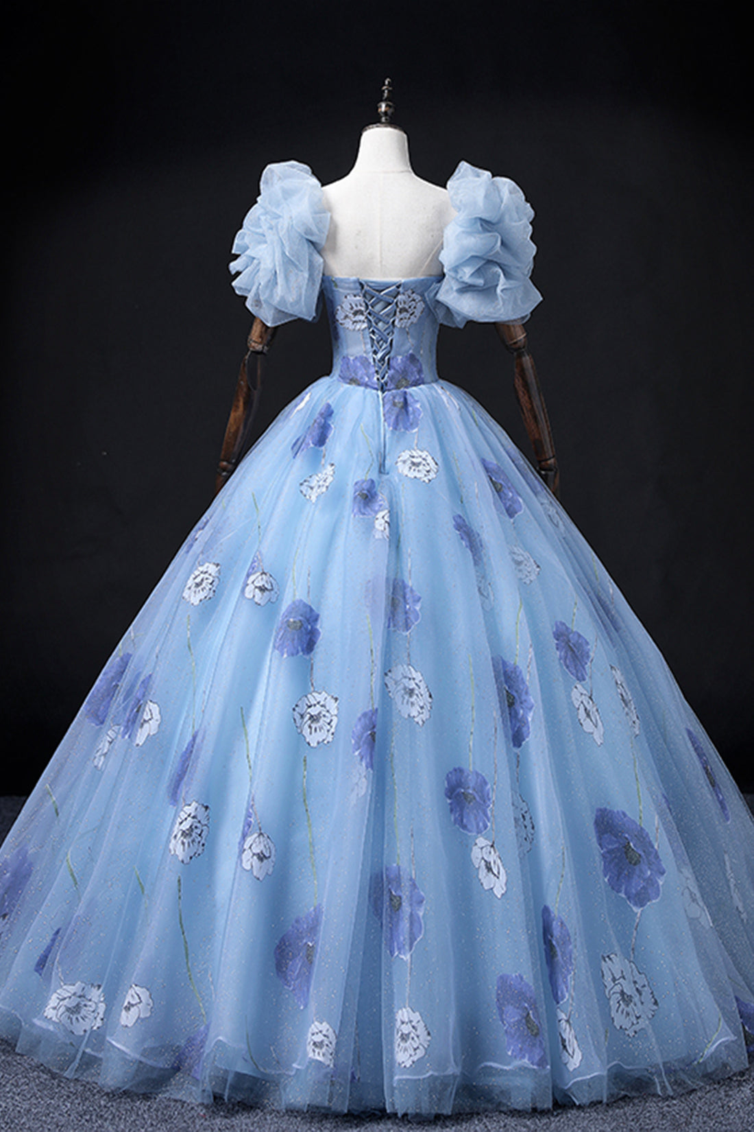 Beautiful Floral Tulle Long Prom Dress, Blue Short Sleeve Evening Dress