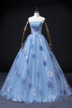 Beautiful Floral Tulle Long Prom Dress, Blue Short Sleeve Evening Dress